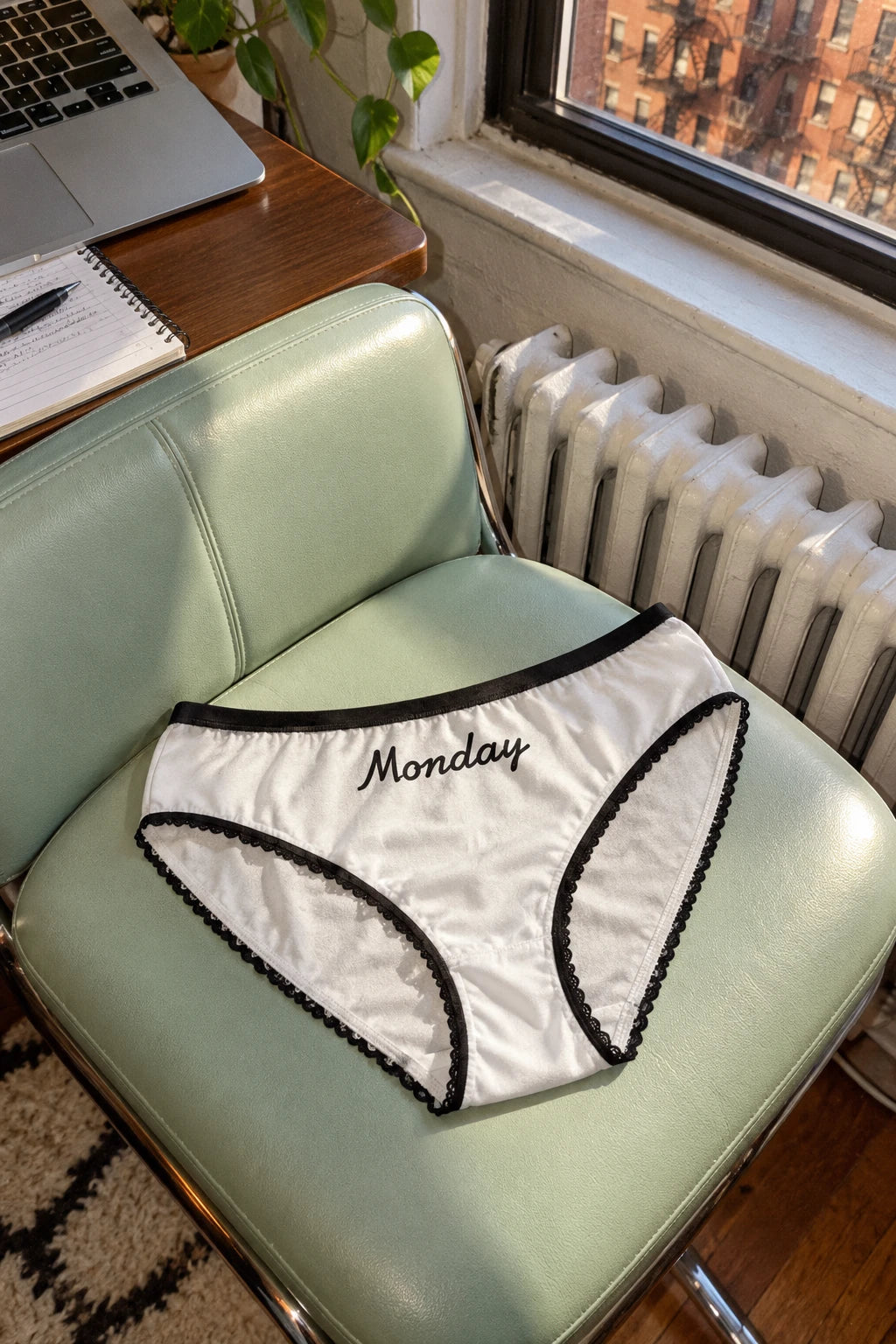 Tantrum Media Monday Panty in white with black script and trim, resting on a mint chair beside an apartment window.