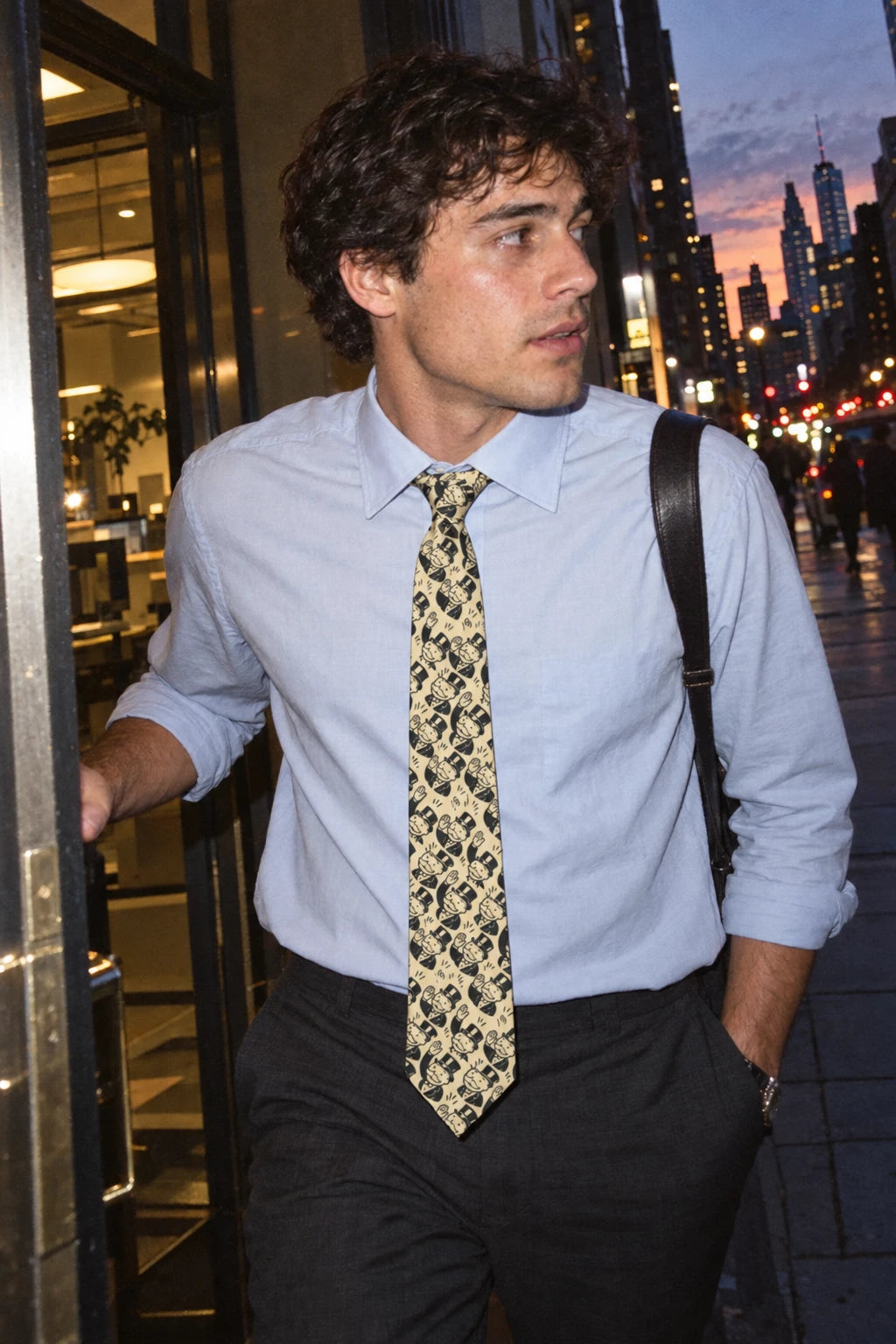 Young man wearing the cream Monopoly Retro Board Game Necktie with a light blue shirt outside a city office at dusk.