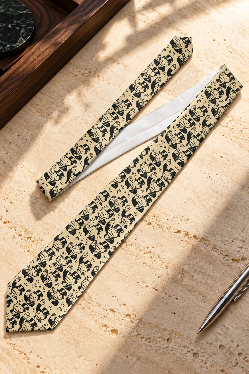 Cream Monopoly Retro Board Game Necktie arranged on sunlit stone beside a silver pen.