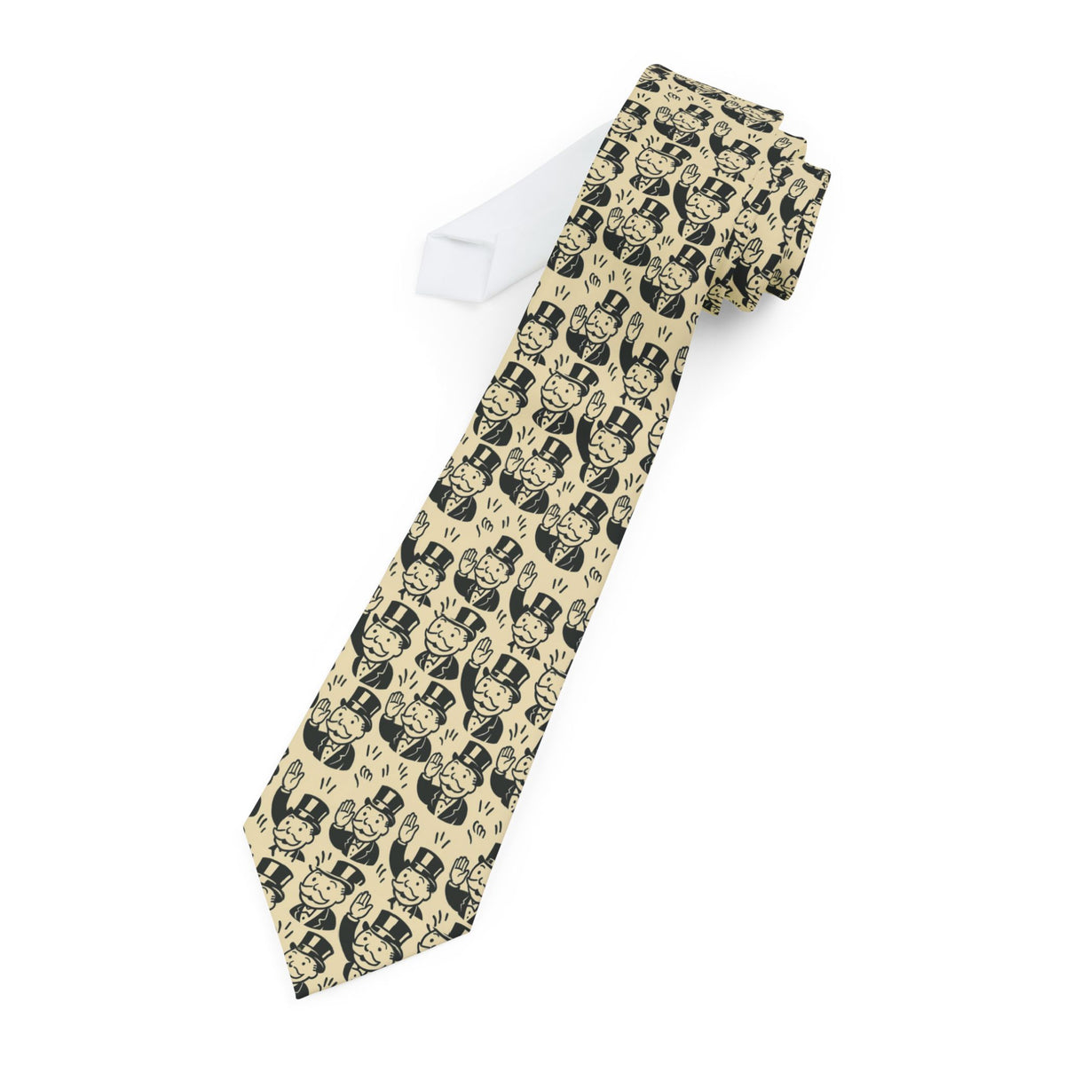 Folded Monopoly Retro Board Game Necktie showing its cream background, black character pattern and pointed blade.