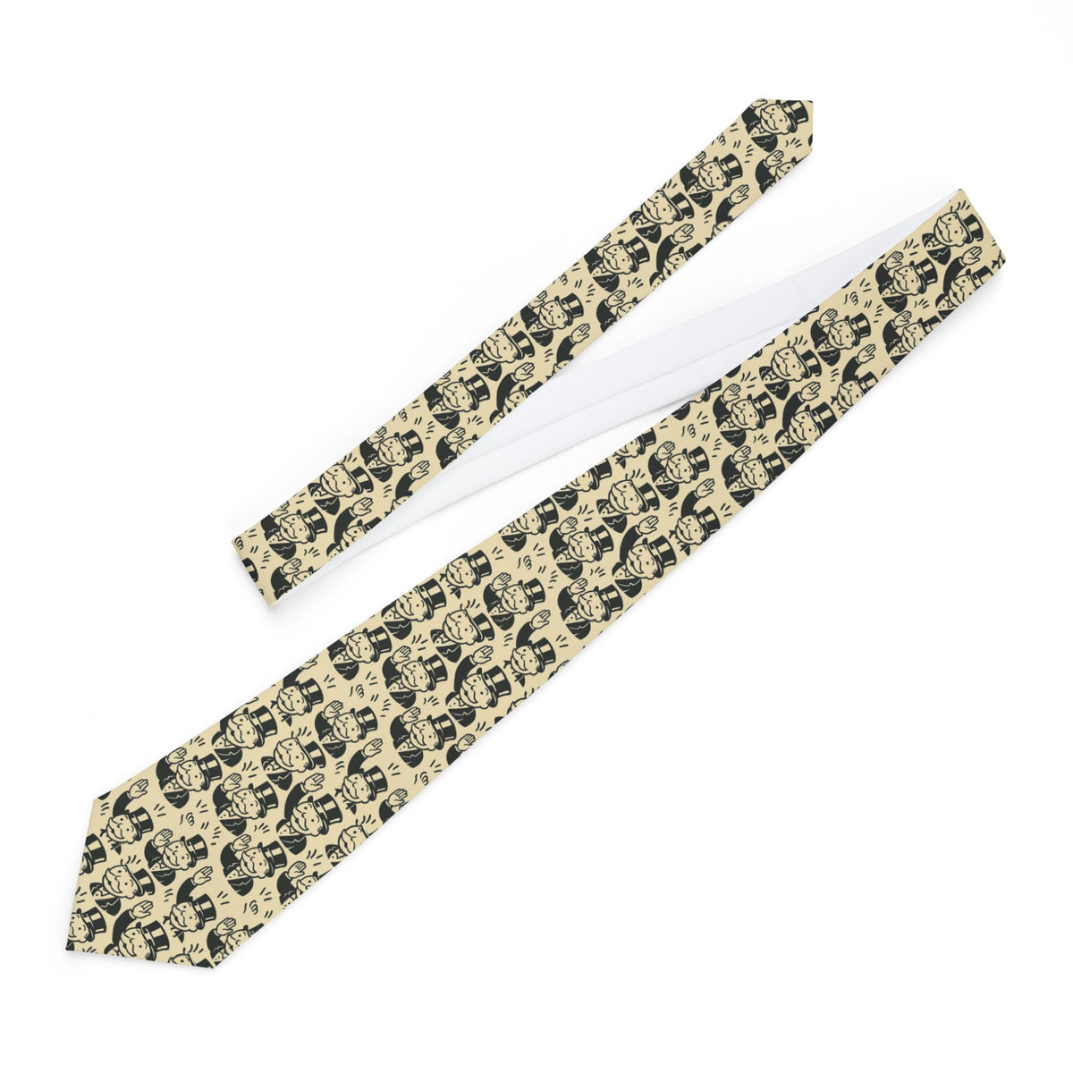 Full-length view of the cream Monopoly Retro Board Game Necktie with repeating black Mr. Monopoly illustrations.