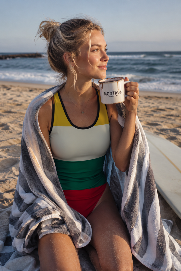 Retro Colorblock One-Piece Swimsuit – Classic Stripe Bathing Suit