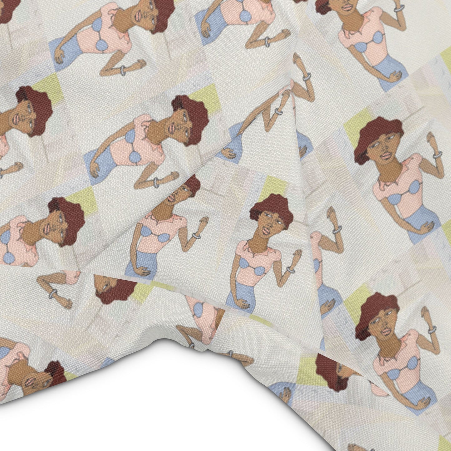 Close-up detail of the original Morenita artwork printed on women's bike shorts featuring a repeating illustrated character pattern.