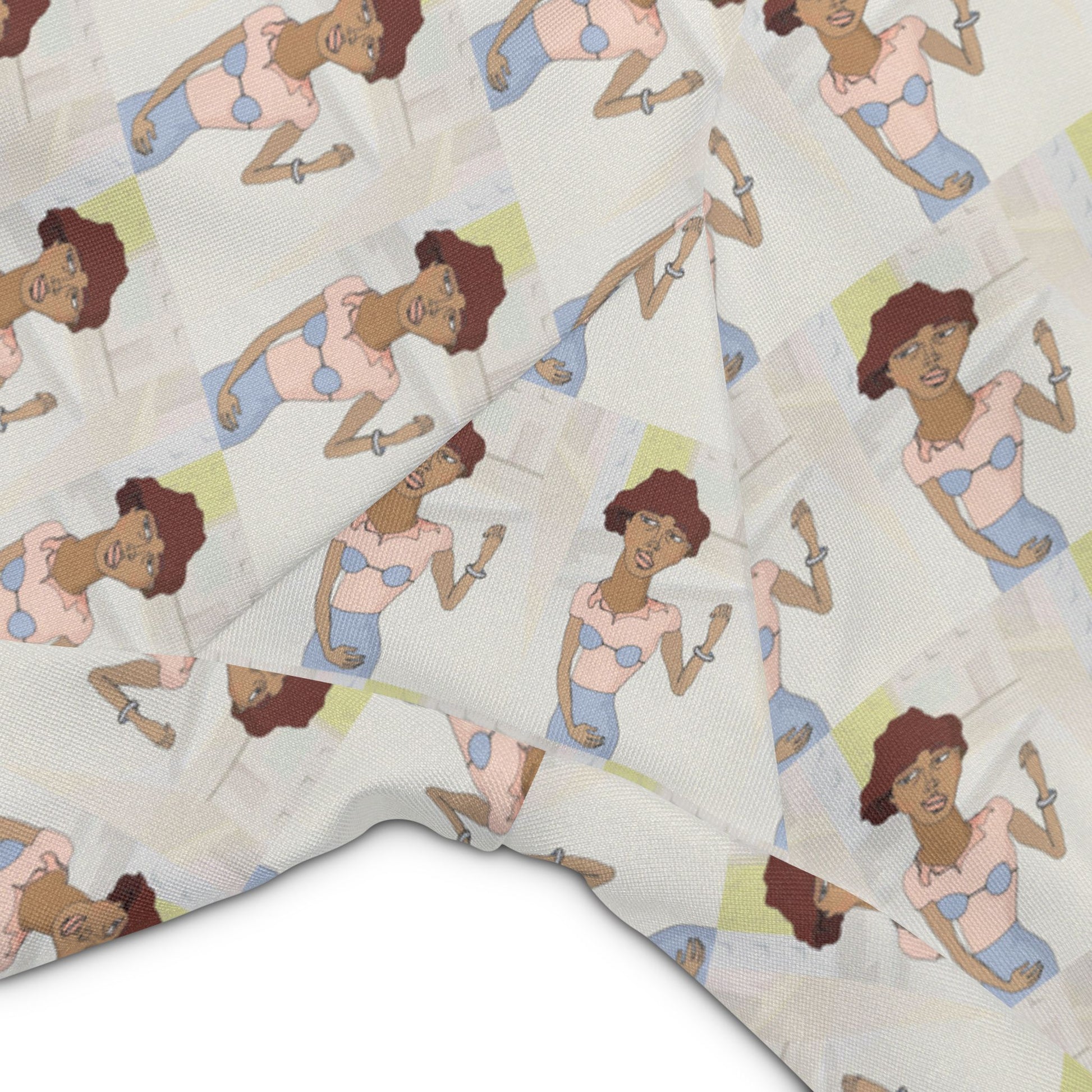 Close-up detail of the original Morenita artwork printed on women's bike shorts featuring a repeating illustrated character pattern.