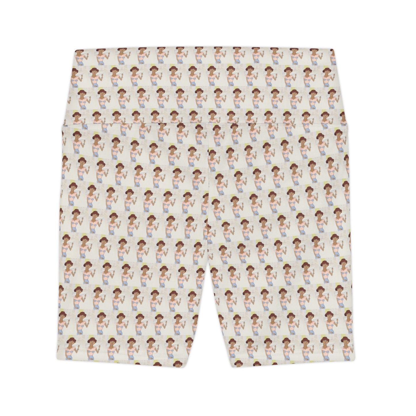 Back view of Morenita Art Bike Shorts showcasing original artwork pattern and comfortable activewear construction.