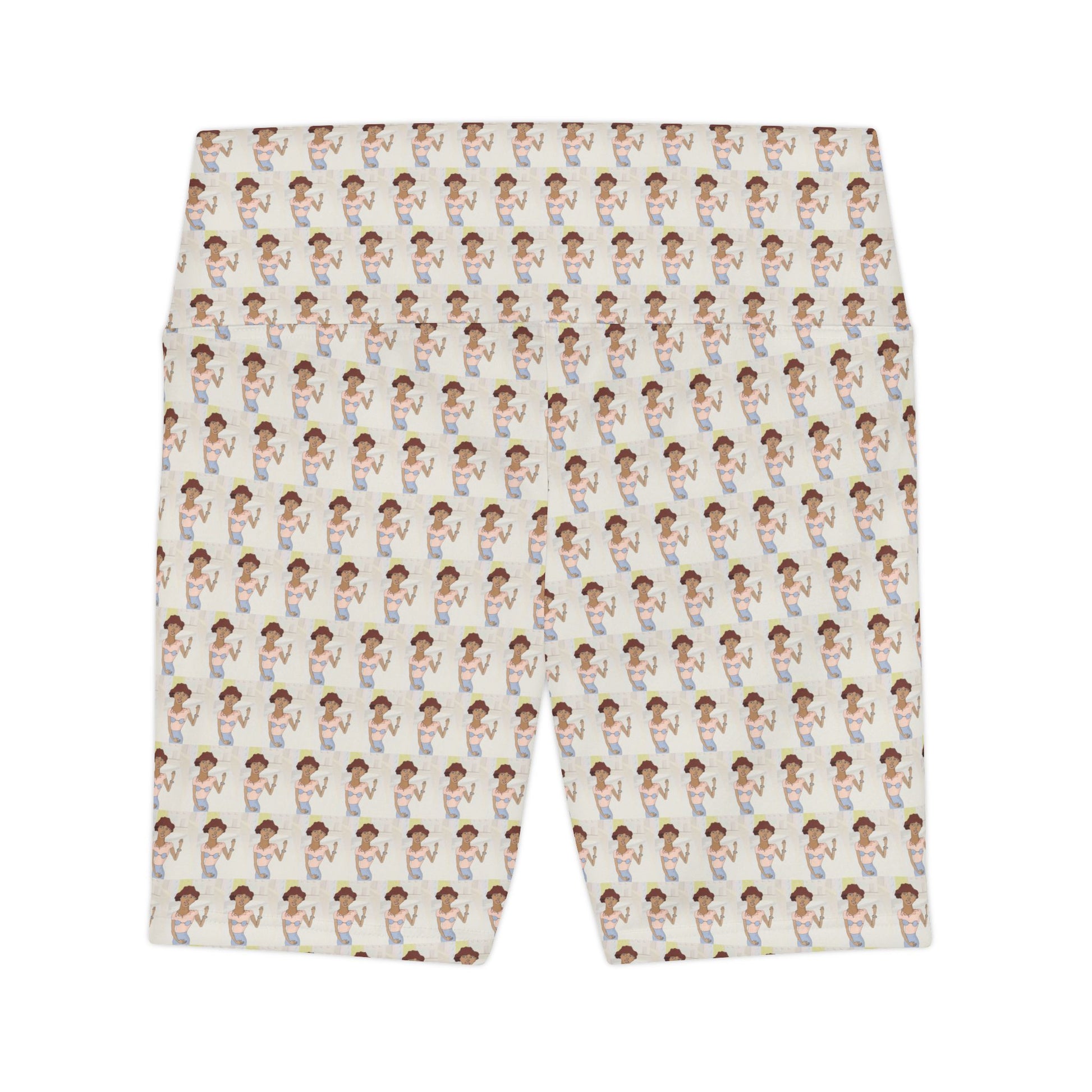 Back view of Morenita Art Bike Shorts showcasing original artwork pattern and comfortable activewear construction.
