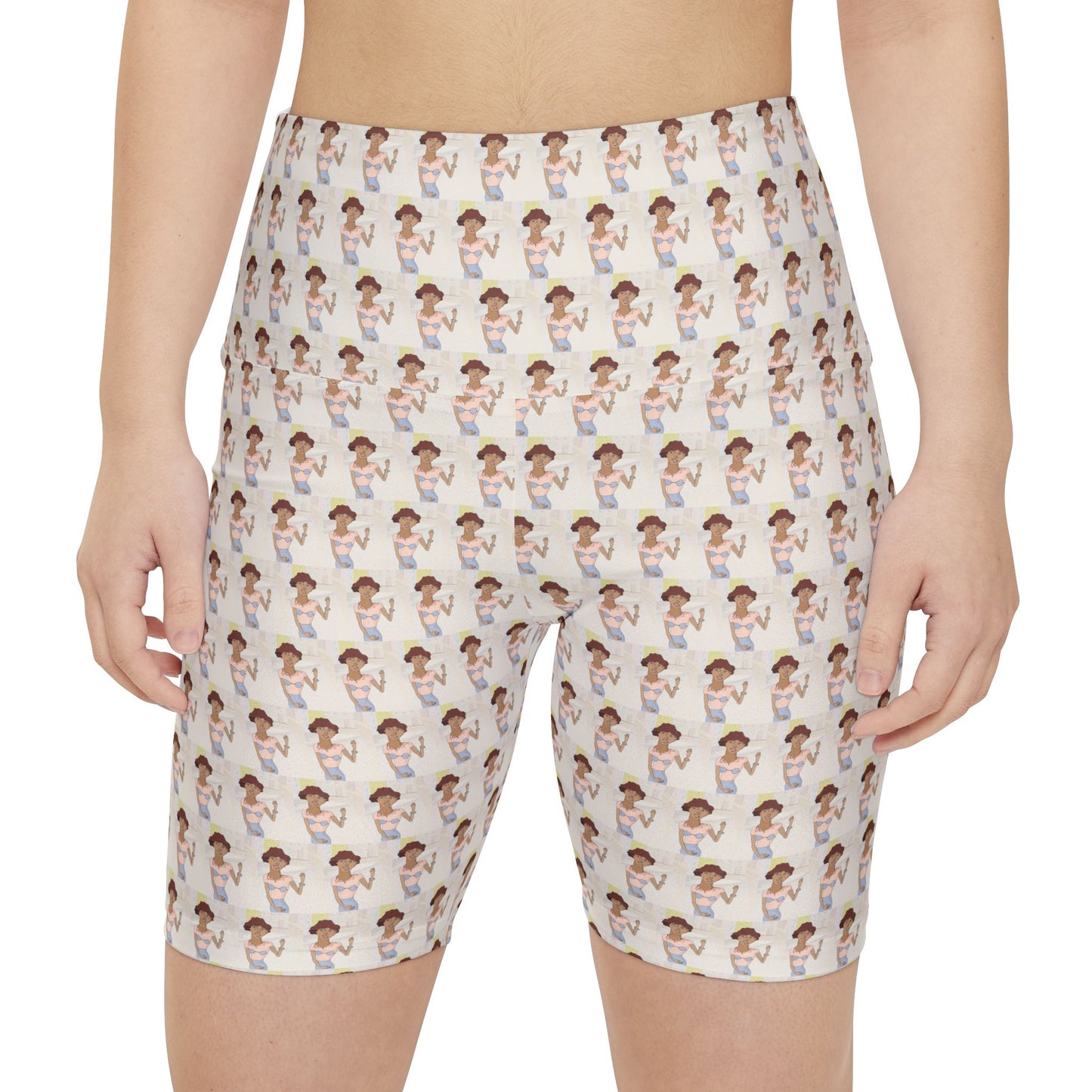 Front view of a female model wearing Morenita Art Bike Shorts featuring original artwork and a flattering athletic fit.