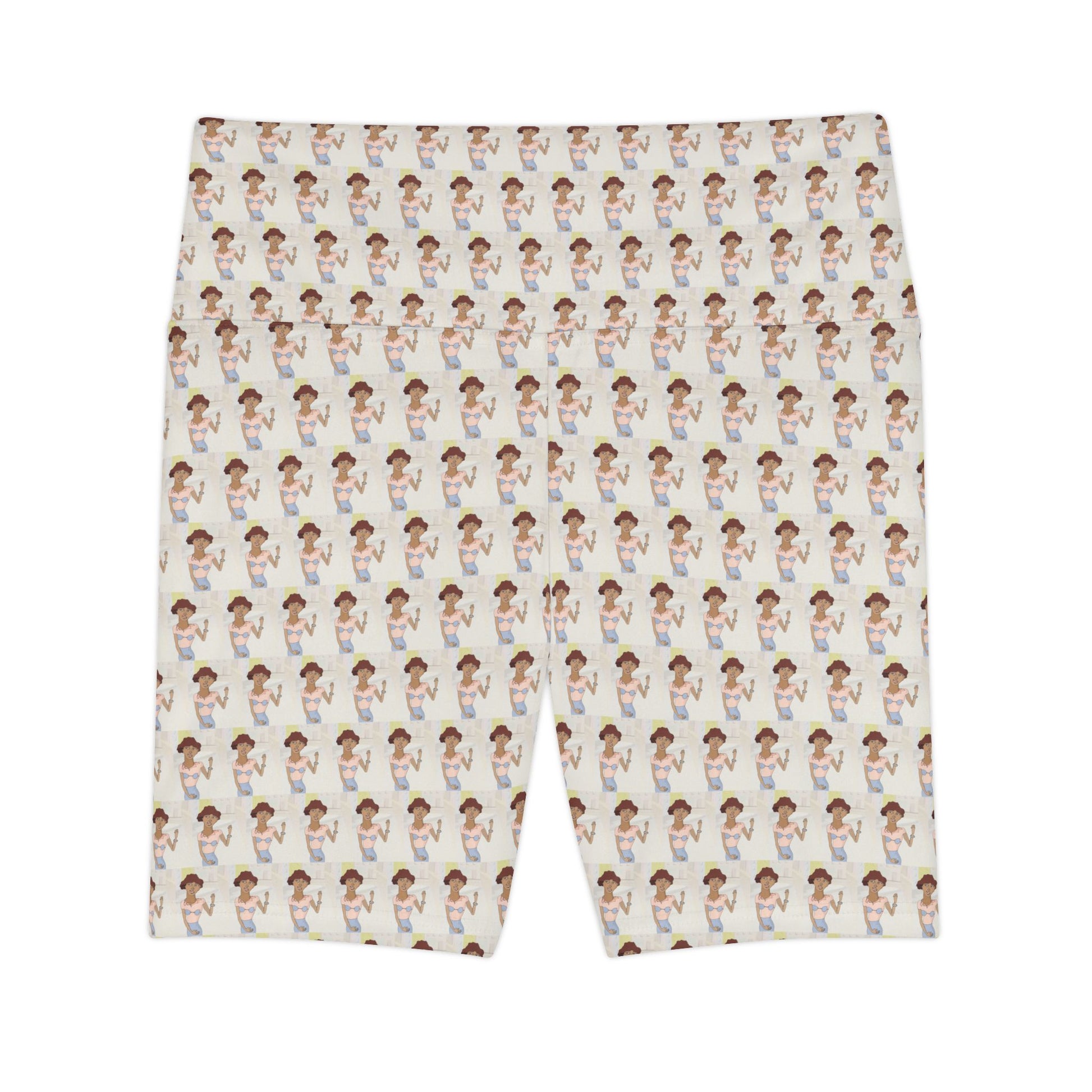 Front view of Morenita Art Bike Shorts featuring original illustrated artwork and a soft high-waisted activewear design.