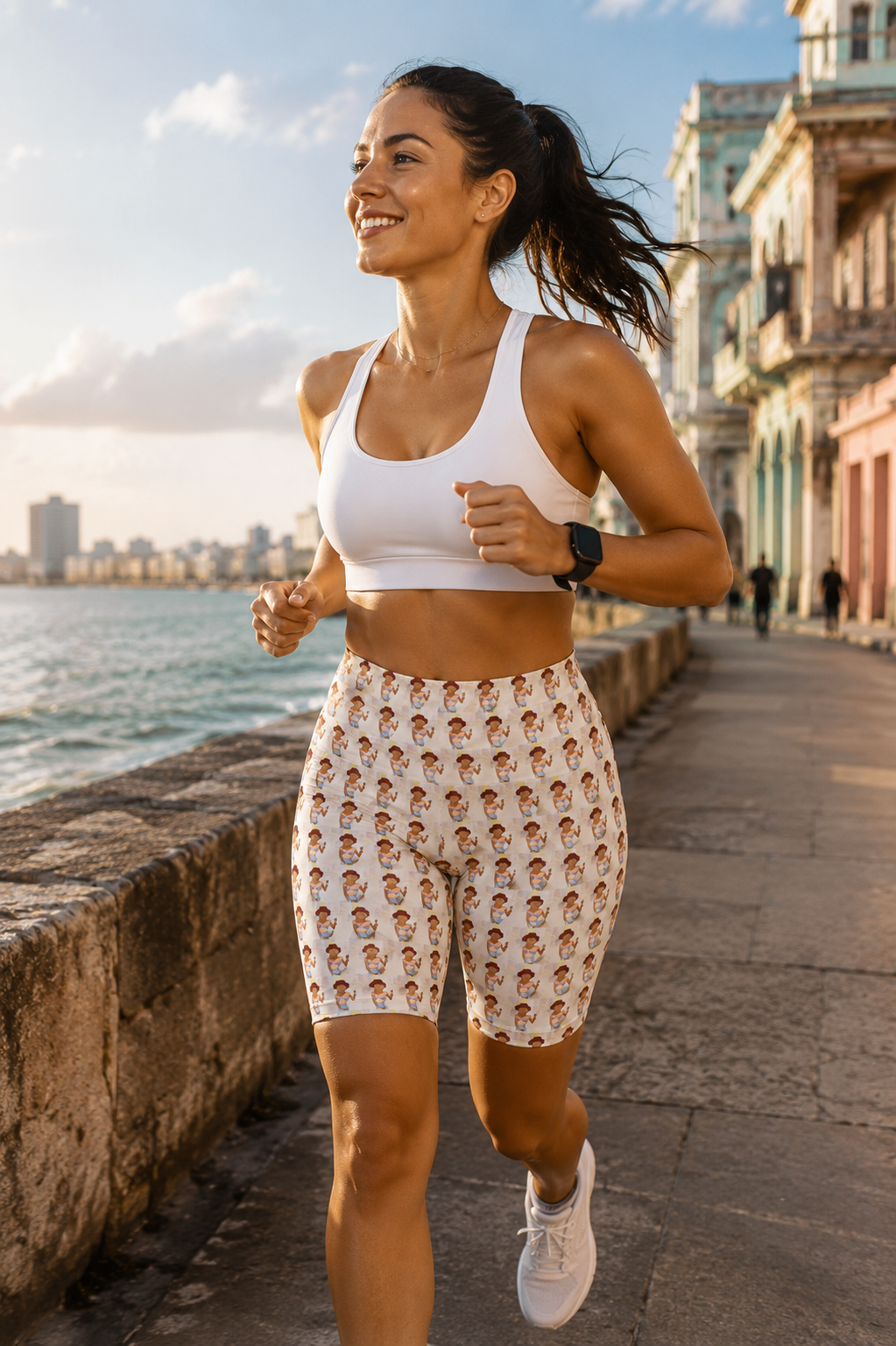 Young woman running along Havana's waterfront wearing Morenita Art Bike Shorts featuring original illustrated artwork in a colorful editorial fitness photography scene.