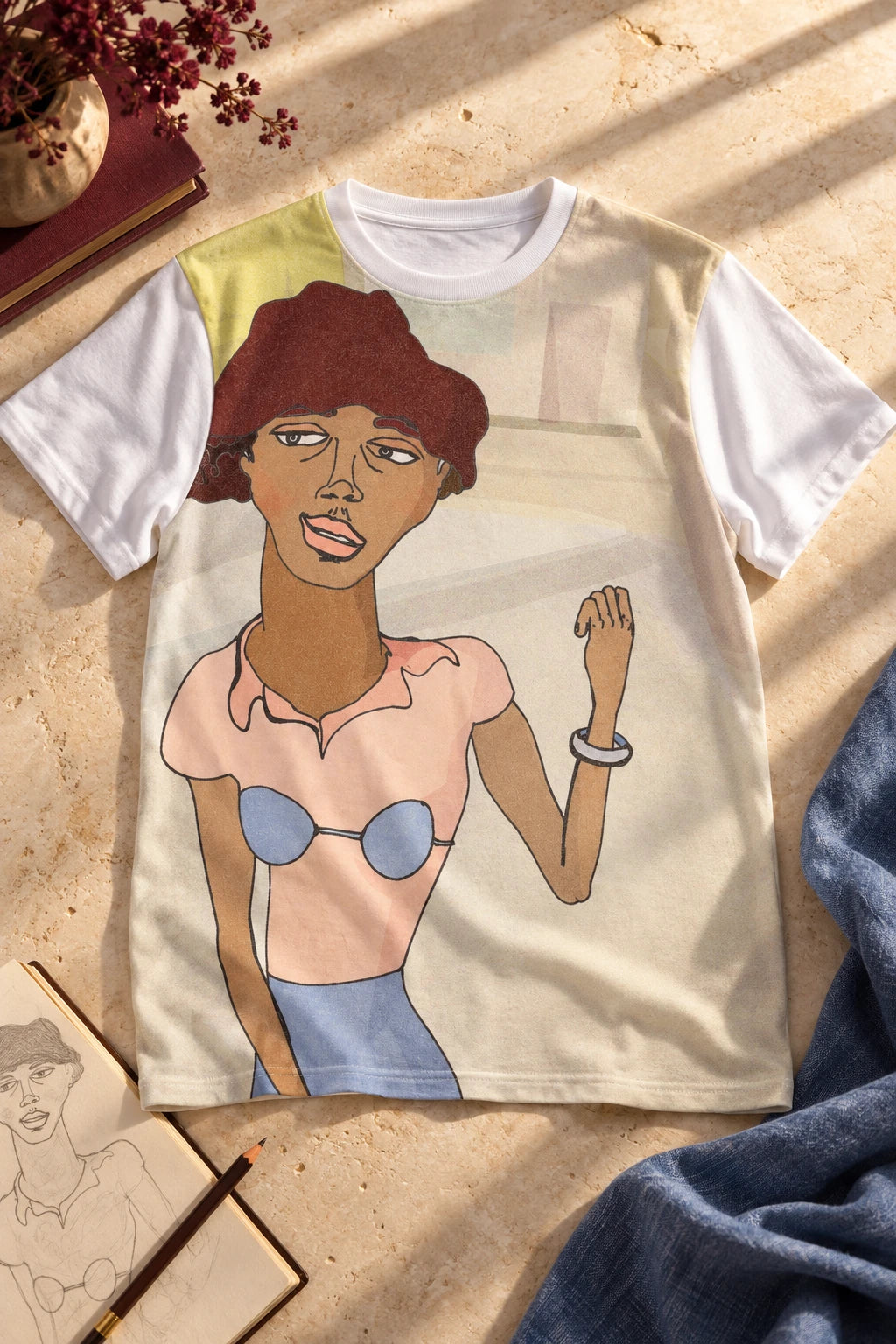Morenita graphic T-shirt laid on warm stone beside a sketchbook, showing the illustrated portrait and white sleeves.