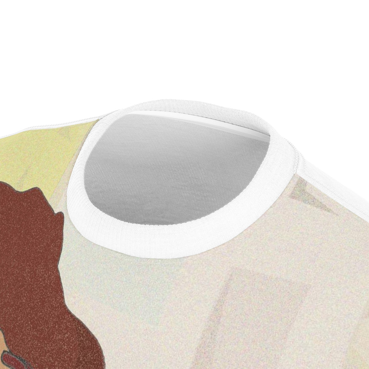 Close-up of the Morenita T-shirt’s white crew neckline, stitching and pastel portrait print.