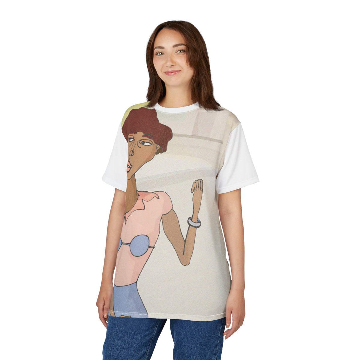Woman modeling the Morenita graphic T-shirt with white sleeves, a pastel portrait print and blue jeans.
