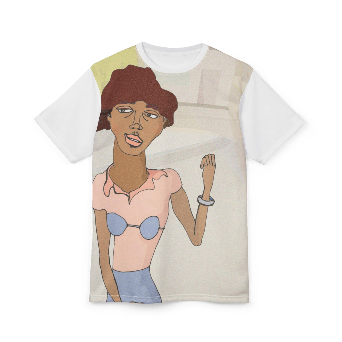 Front view of the Morenita graphic T-shirt featuring a hand-drawn woman in a burgundy hat against a pastel background.