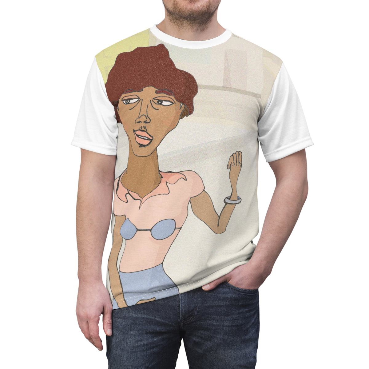 Close-up of a man wearing the Morenita T-shirt, showing the oversized portrait print across the front.