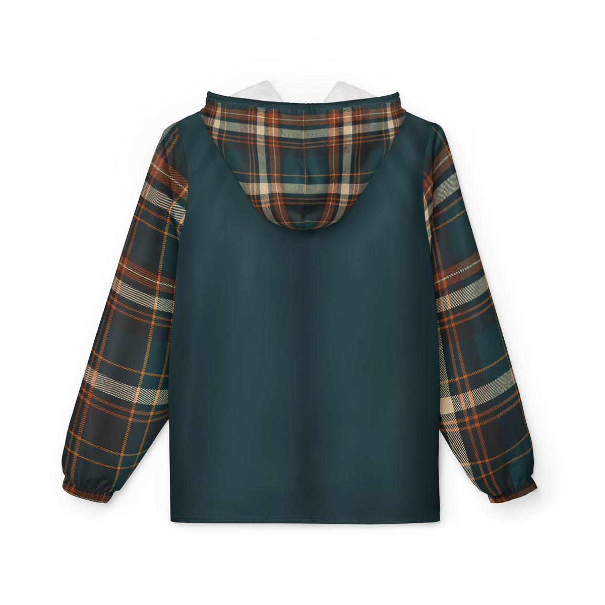 Back view of Moss Plaid lightweight unisex windbreaker jacket with plaid hood and sleeves