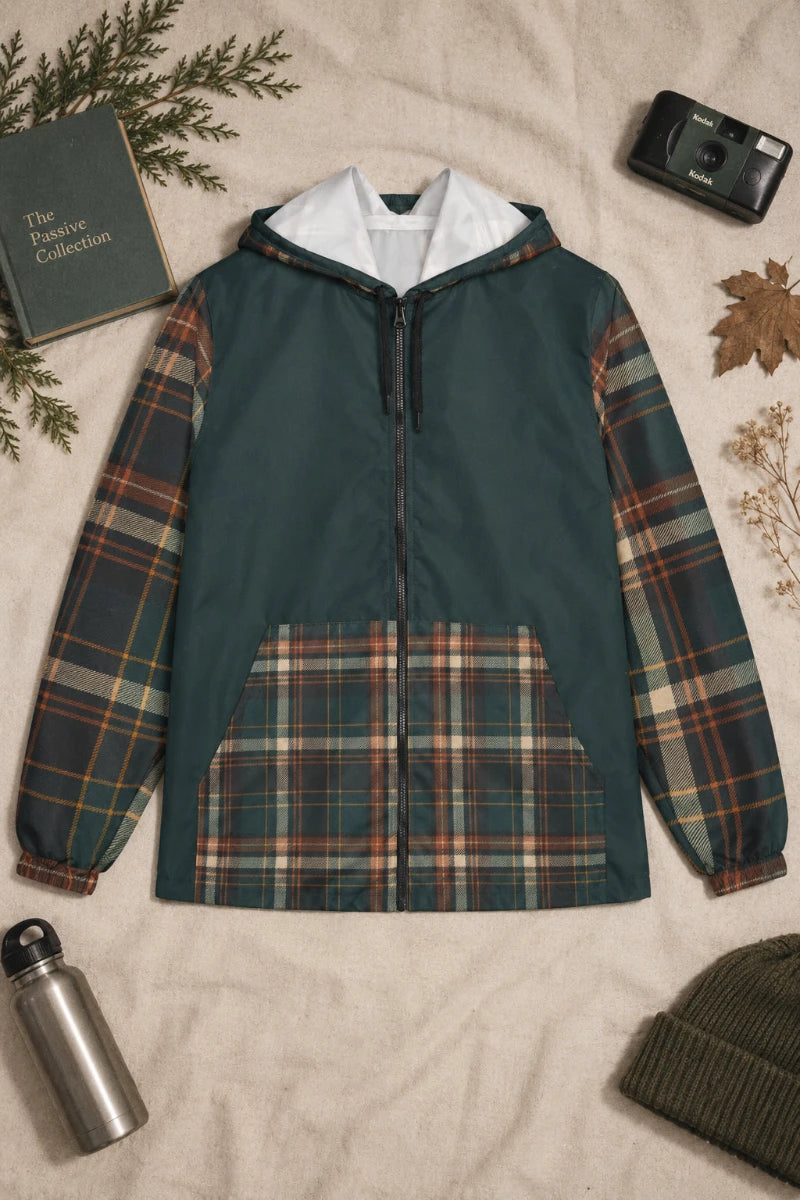 Flat lay of Moss Plaid lightweight unisex windbreaker jacket with green plaid sleeves and front pocket