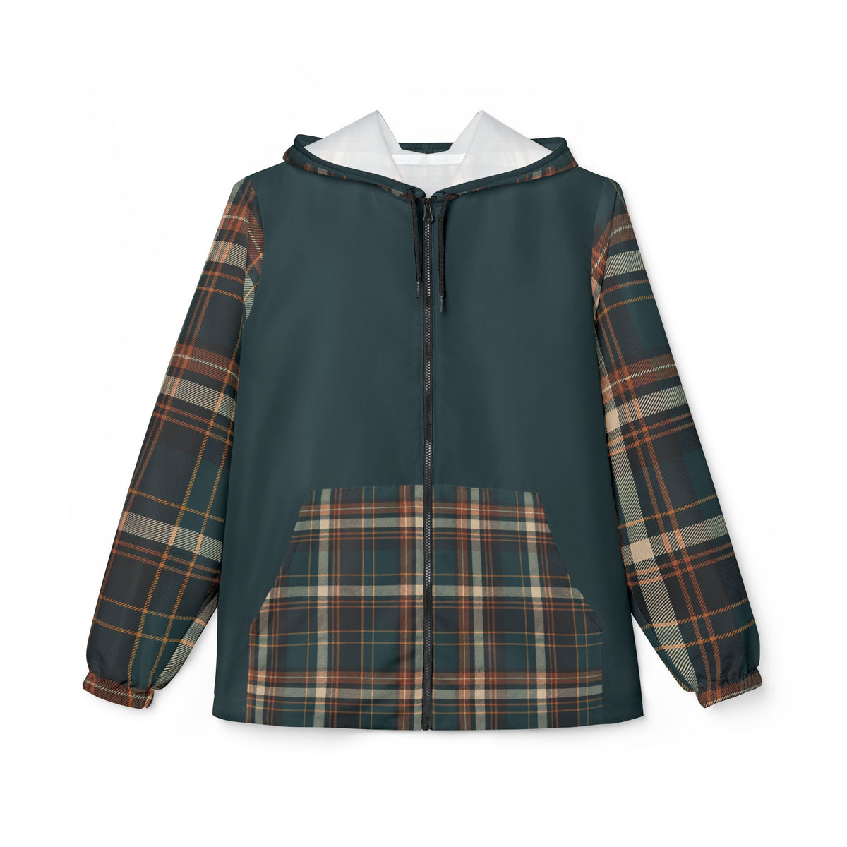 Front view of Moss Plaid lightweight unisex windbreaker jacket with plaid sleeves and pocket