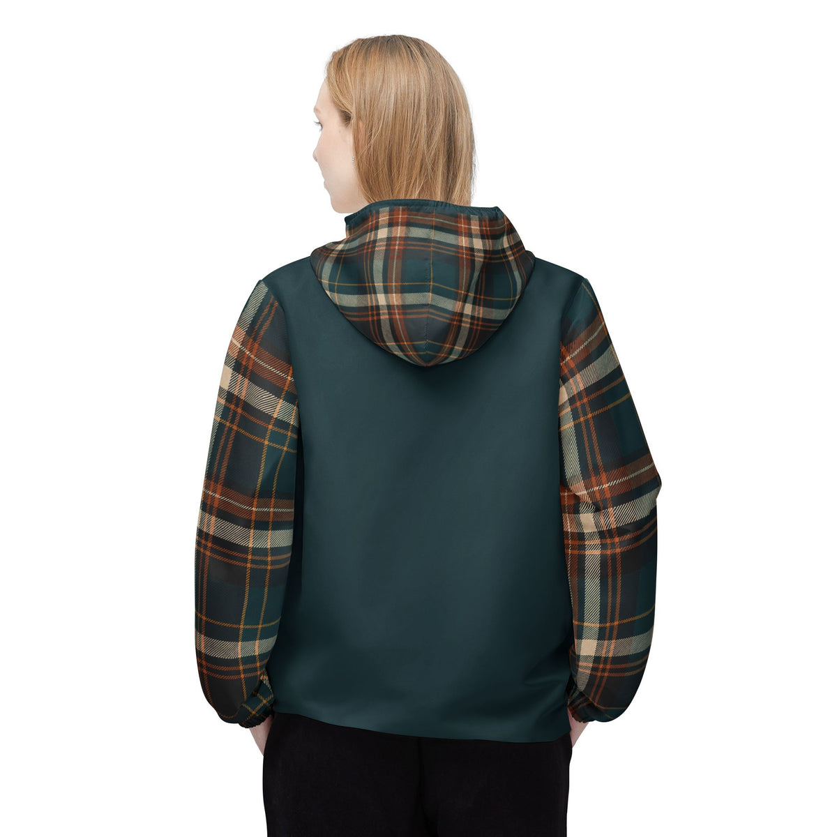 Female model wearing Moss Plaid lightweight unisex windbreaker jacket back view