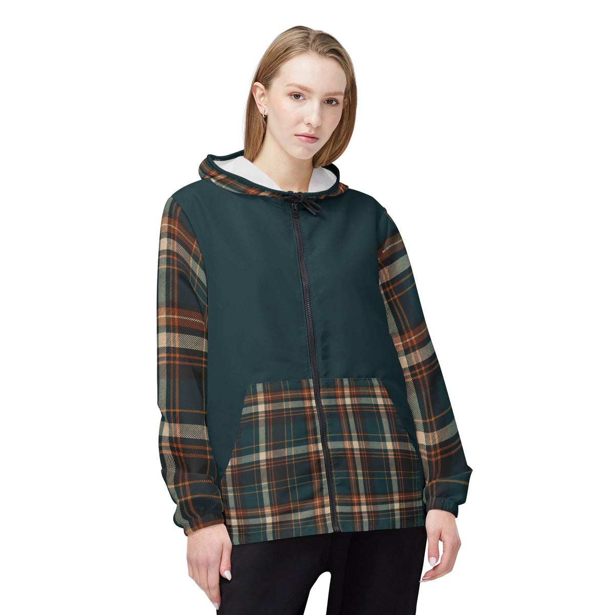 Female model wearing Moss Plaid lightweight unisex windbreaker jacket front view