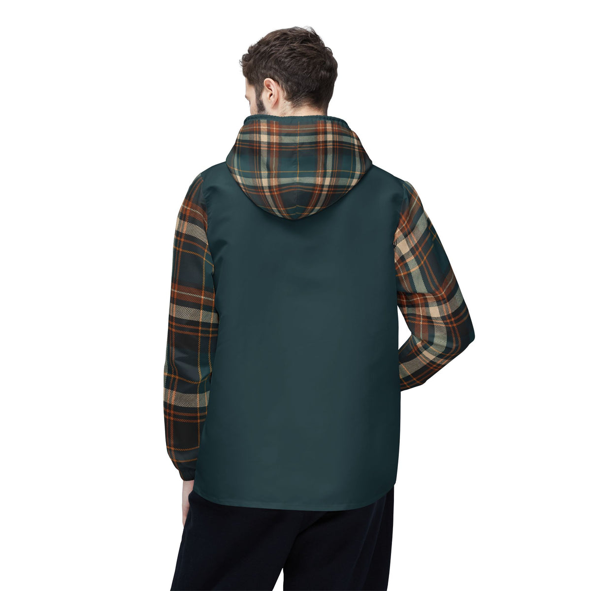 Male model wearing Moss Plaid lightweight unisex windbreaker jacket back view