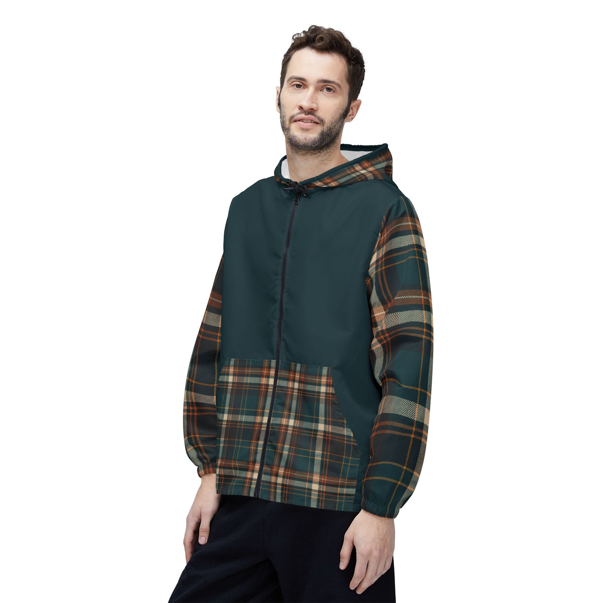 Male model wearing Moss Plaid lightweight unisex windbreaker jacket front view