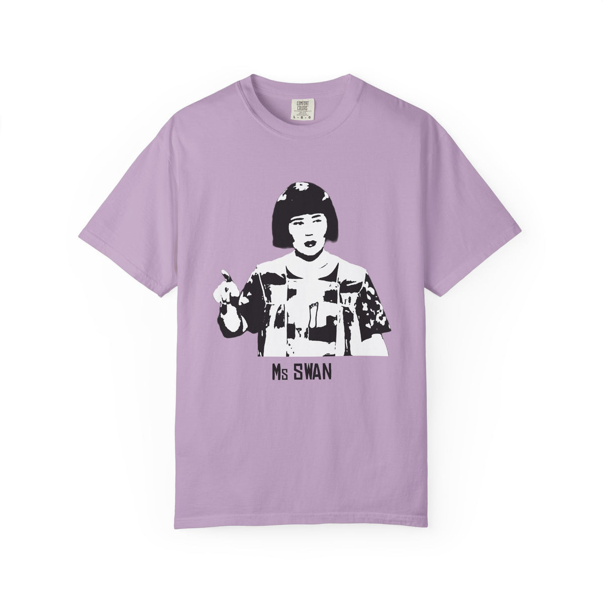 Front view of the Tantrum Media lavender Ms Swan graphic T-shirt with a crew neckline and black-and-white portrait print.