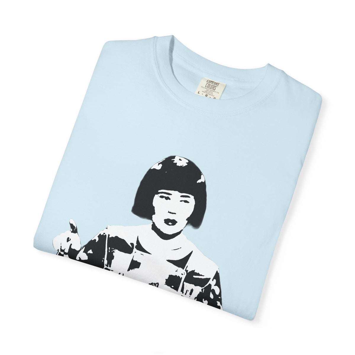 Folded light blue Tantrum Media Ms Swan T-Shirt showing the crew neckline and a close view of the portrait print.