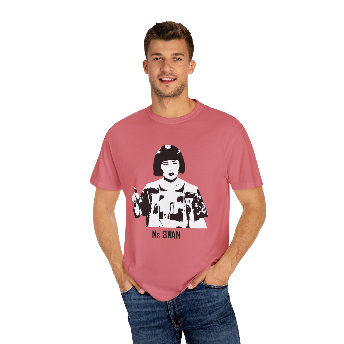Model wearing a muted red Tantrum Media Ms Swan T-Shirt with dark jeans, showing the front portrait graphic.