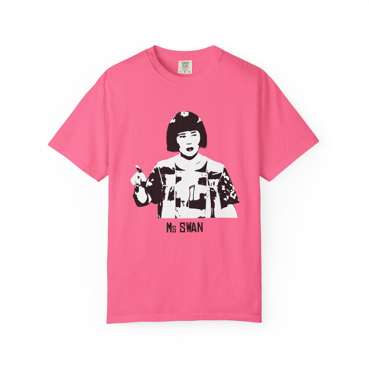 Front view of the Tantrum Media Ms Swan T-Shirt in bright pink, featuring a black-and-white portrait and Ms SWAN lettering.