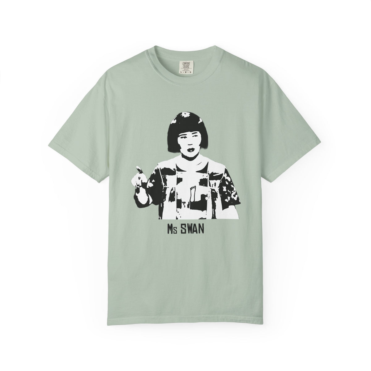 Front view of the Tantrum Media Ms Swan T-Shirt in sage green, showing the black-and-white portrait and Ms SWAN lettering.