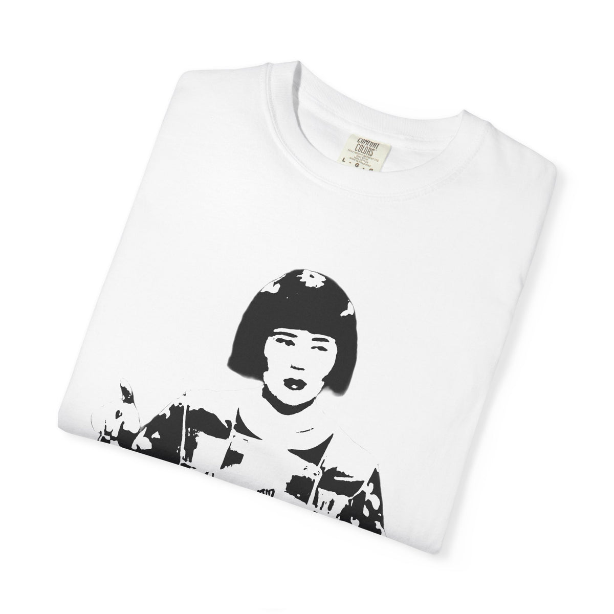 Folded white Tantrum Media Ms Swan T-Shirt showing the ribbed crew neckline and black-and-white portrait graphic.