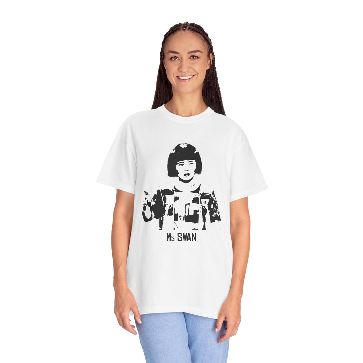 Model wearing a white Tantrum Media Ms Swan graphic T-shirt with light blue jeans against a white background.