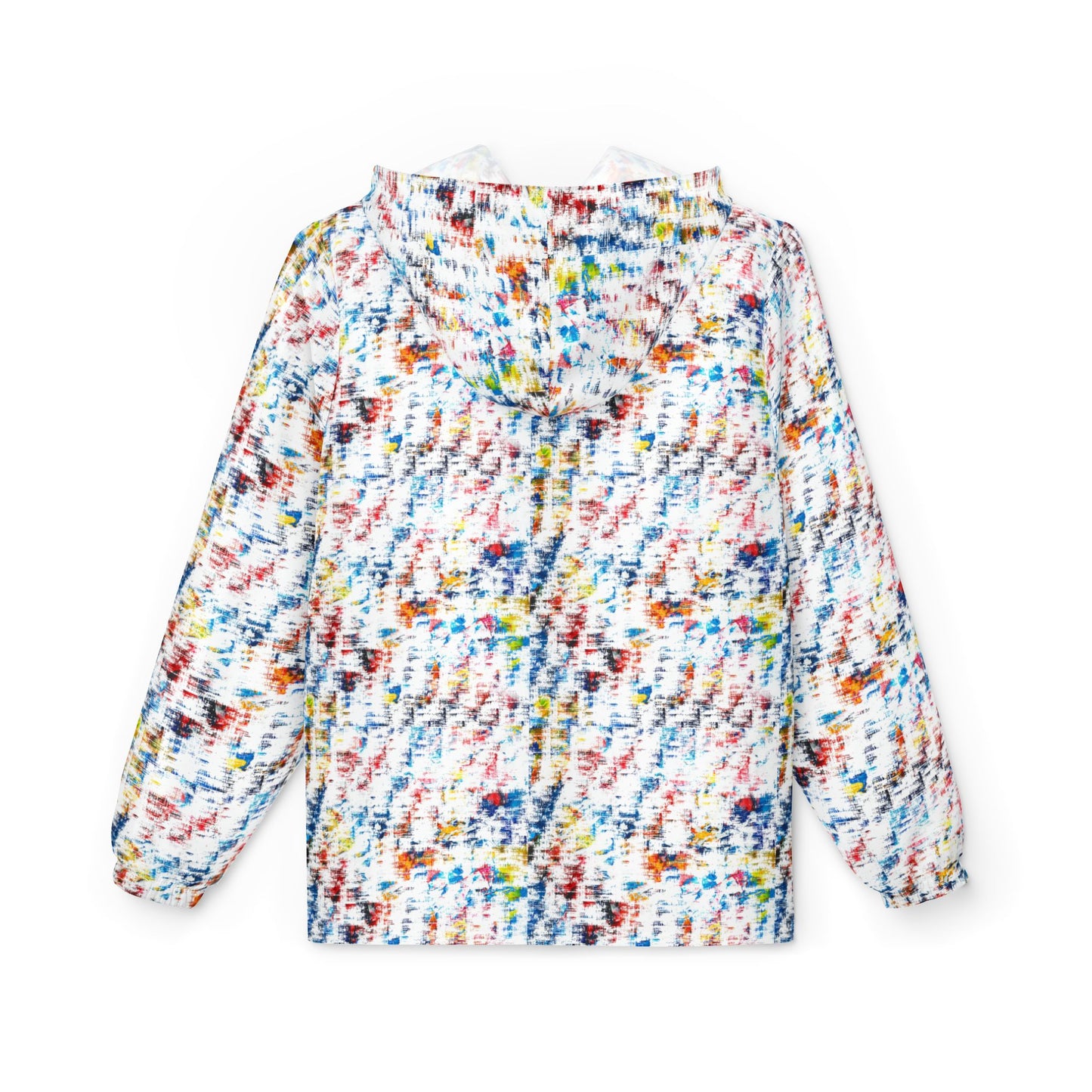Back view of multicolor abstract print unisex windbreaker jacket with hood