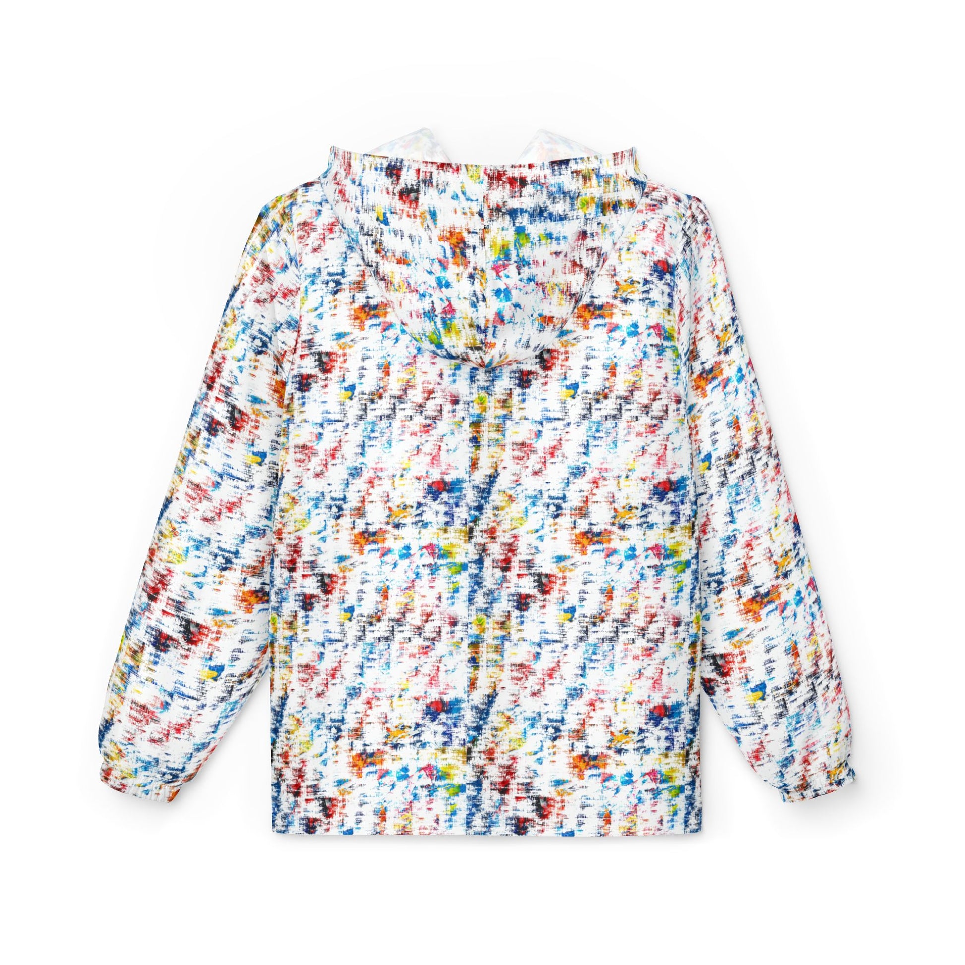 Back view of multicolor abstract print unisex windbreaker jacket with hood