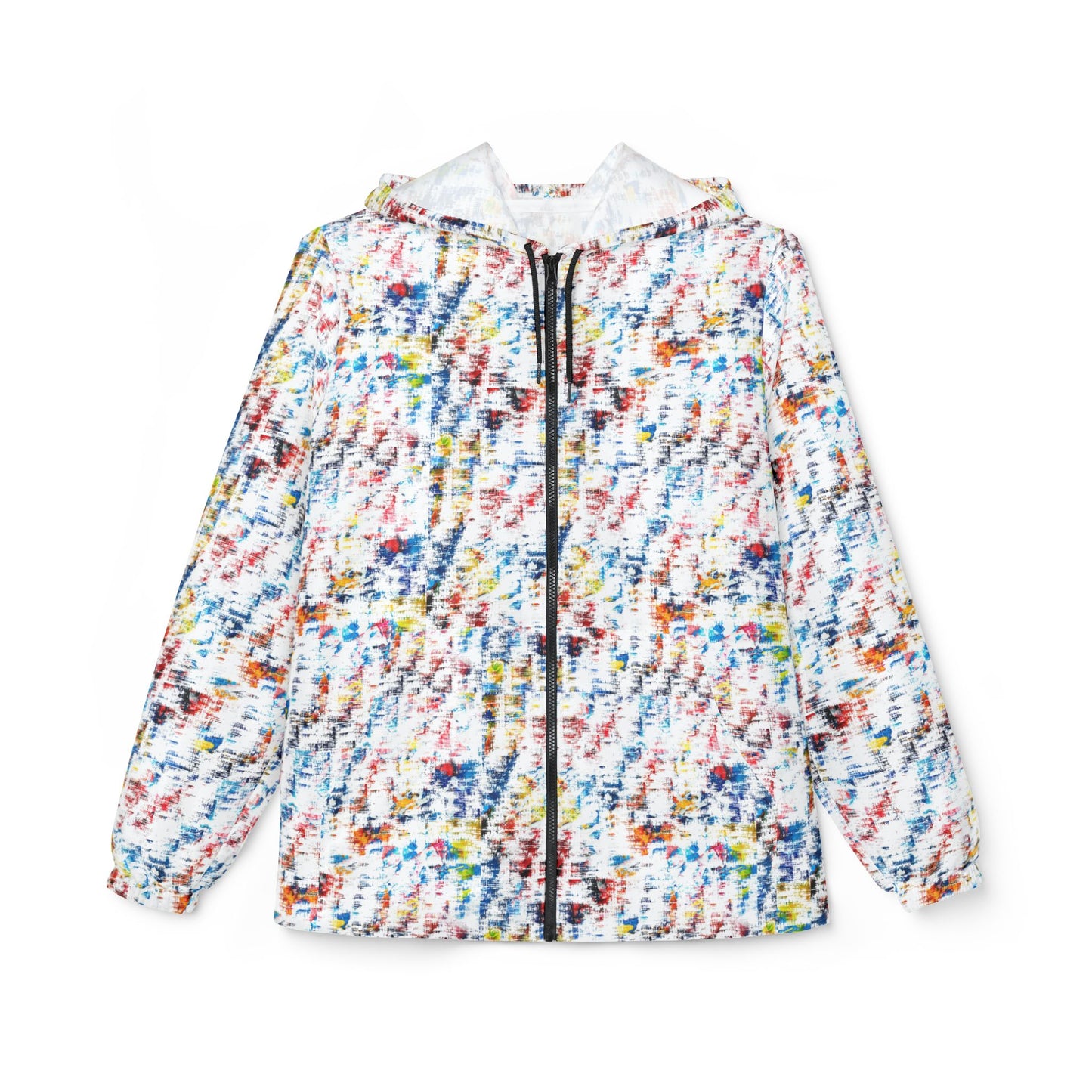 Front view of multicolor abstract print unisex windbreaker jacket with hood and full zip