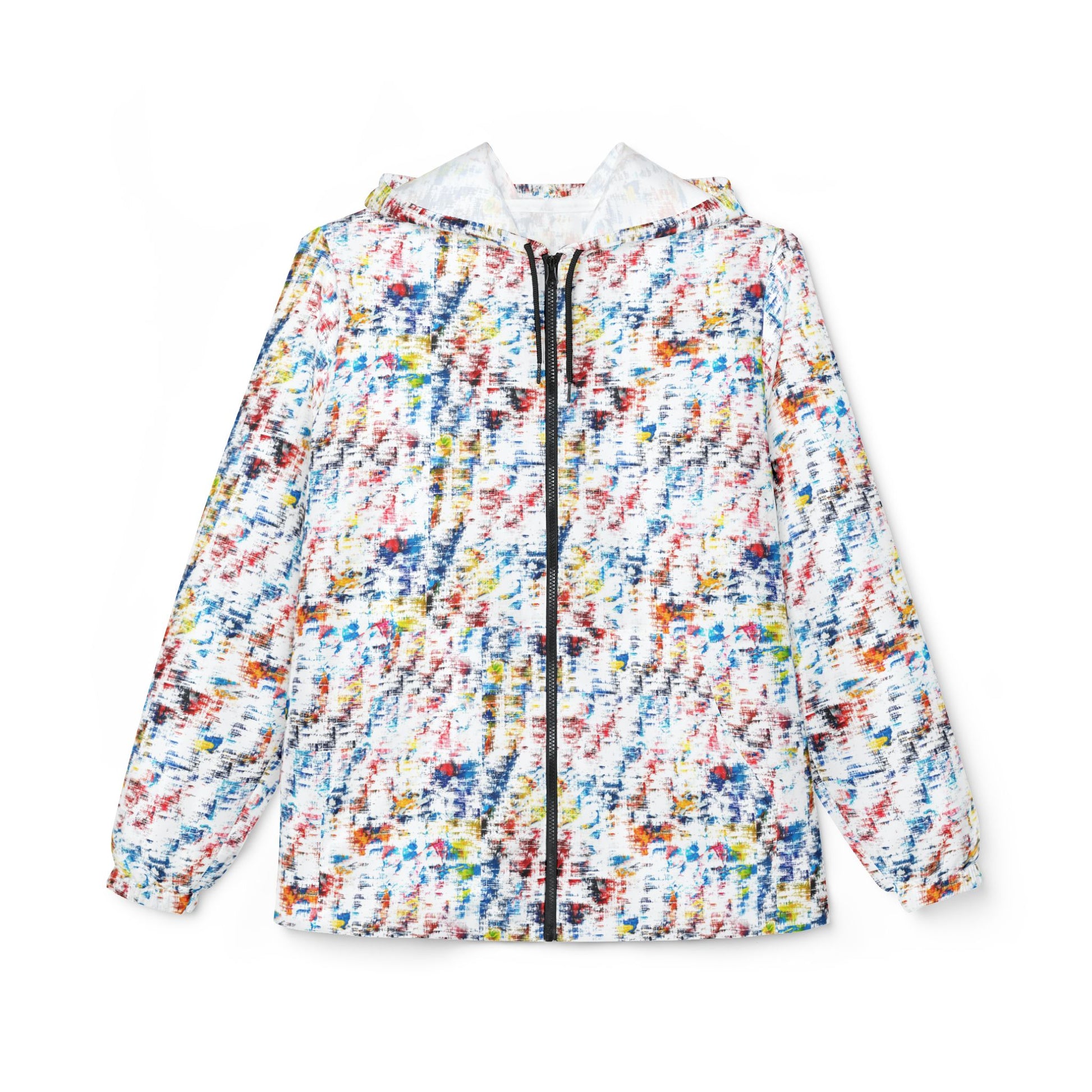 Front view of multicolor abstract print unisex windbreaker jacket with hood and full zip