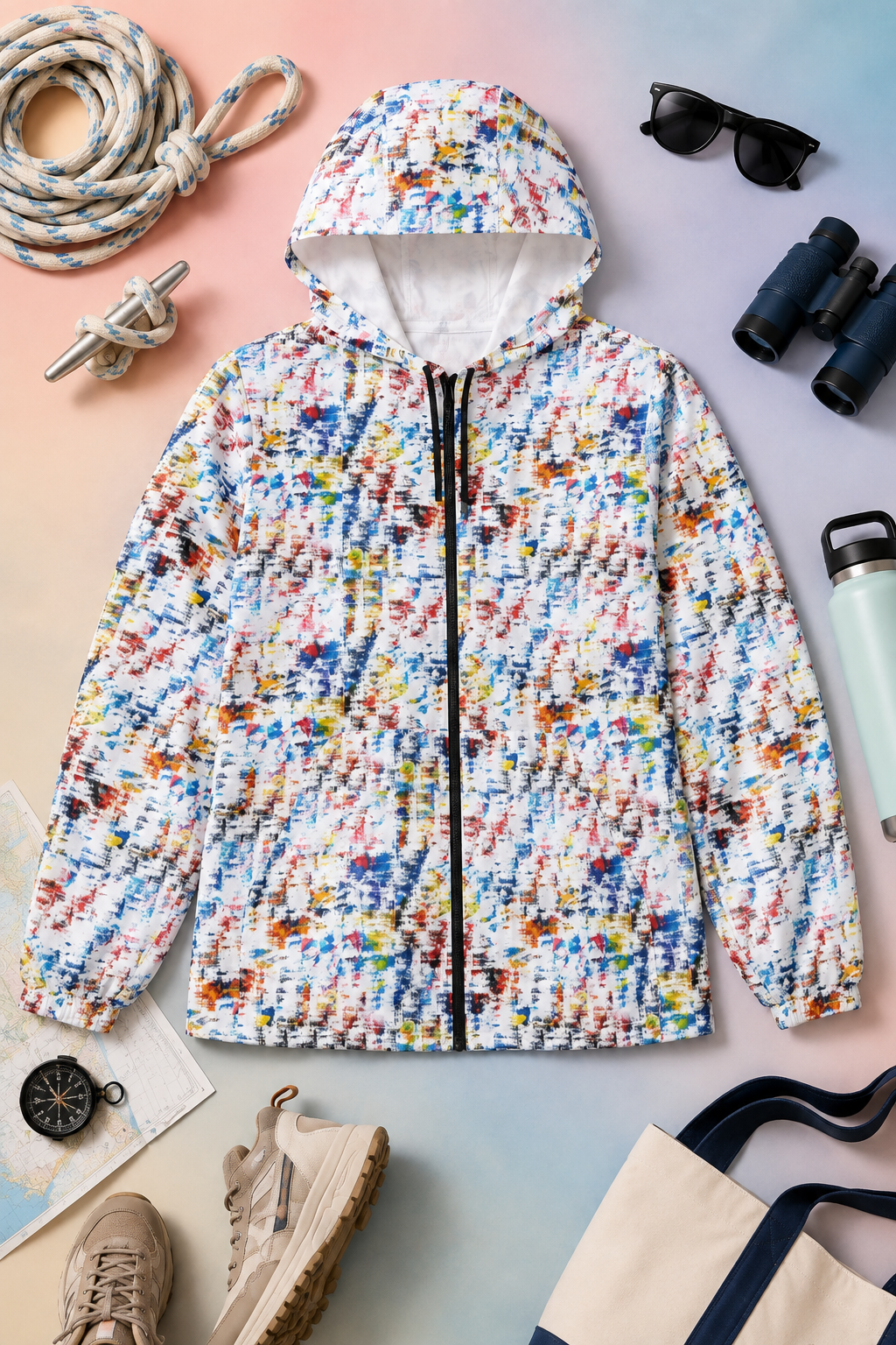 Multicolor abstract print unisex windbreaker jacket flat lay with sailing and outdoor gear