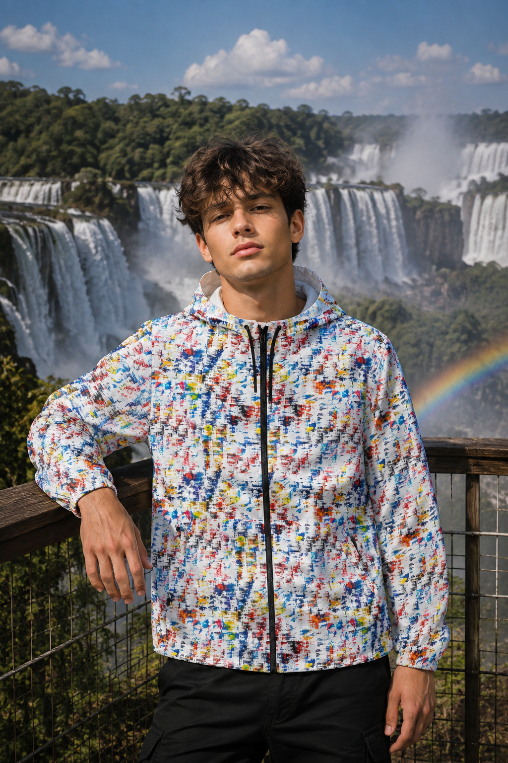 Male wearing multicolor abstract print unisex windbreaker jacket at Iguazu Falls