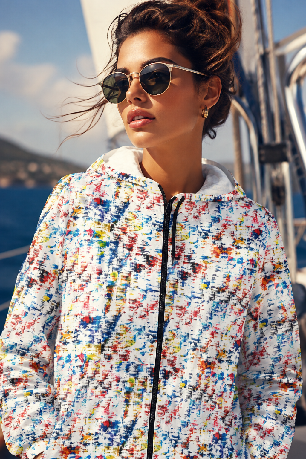 Female wearing multicolor abstract print unisex windbreaker jacket on a yacht