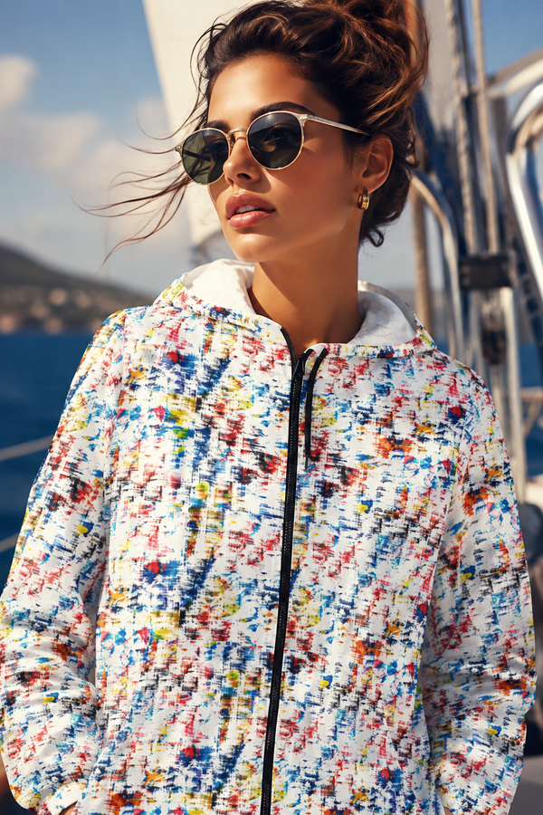 Female wearing multicolor abstract print unisex windbreaker jacket on a yacht