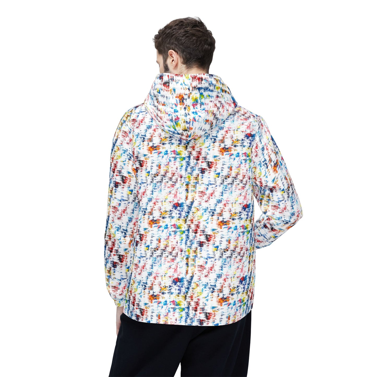 Male model wearing multicolor abstract print unisex windbreaker jacket back view