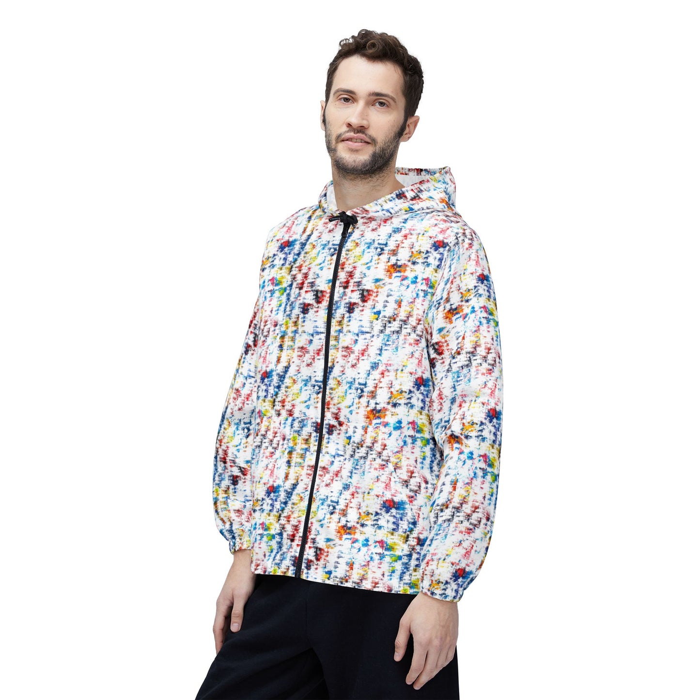 Male model wearing multicolor abstract print unisex windbreaker jacket front view