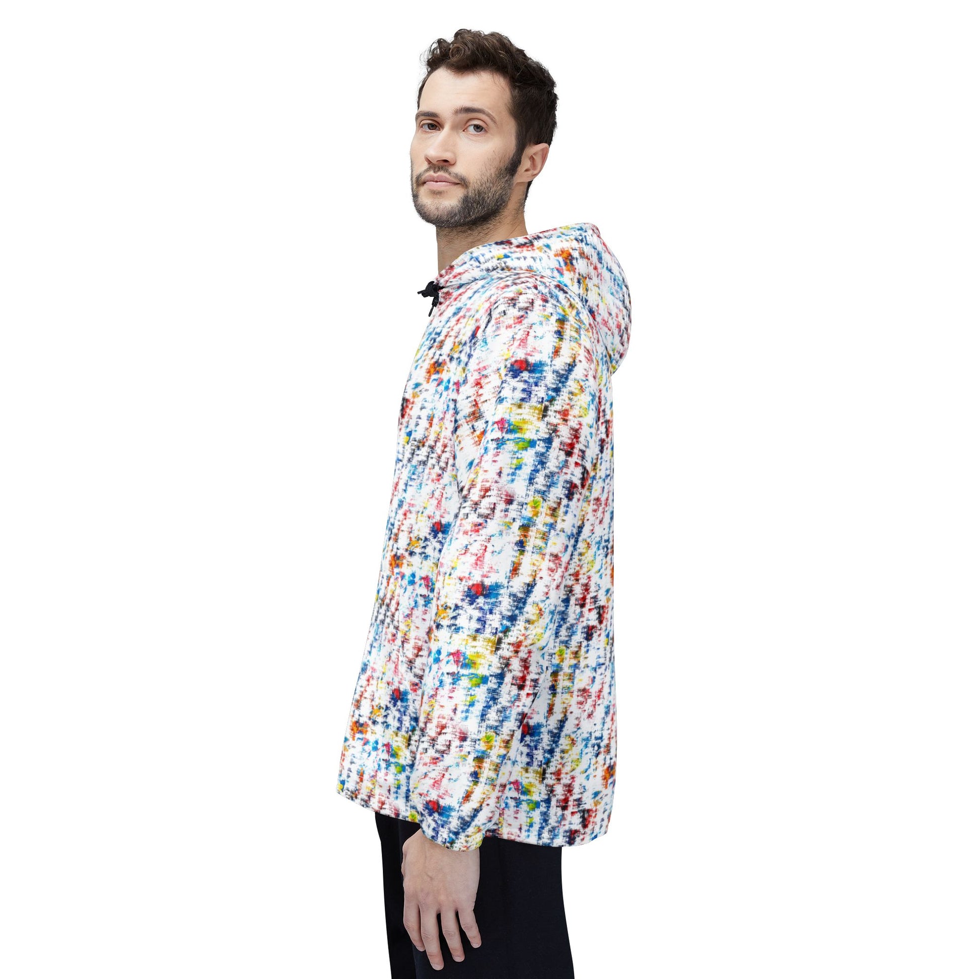 Male model wearing multicolor abstract print unisex windbreaker jacket side view