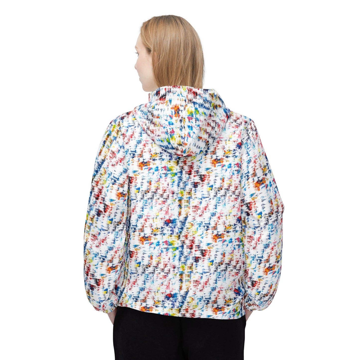 Female model wearing multicolor abstract print unisex windbreaker jacket back view