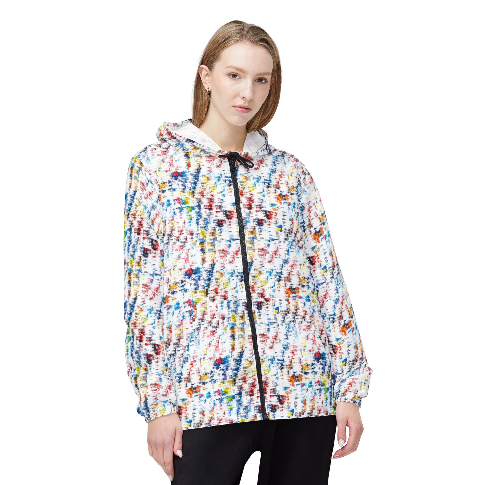 Female model wearing multicolor abstract print unisex windbreaker jacket front view