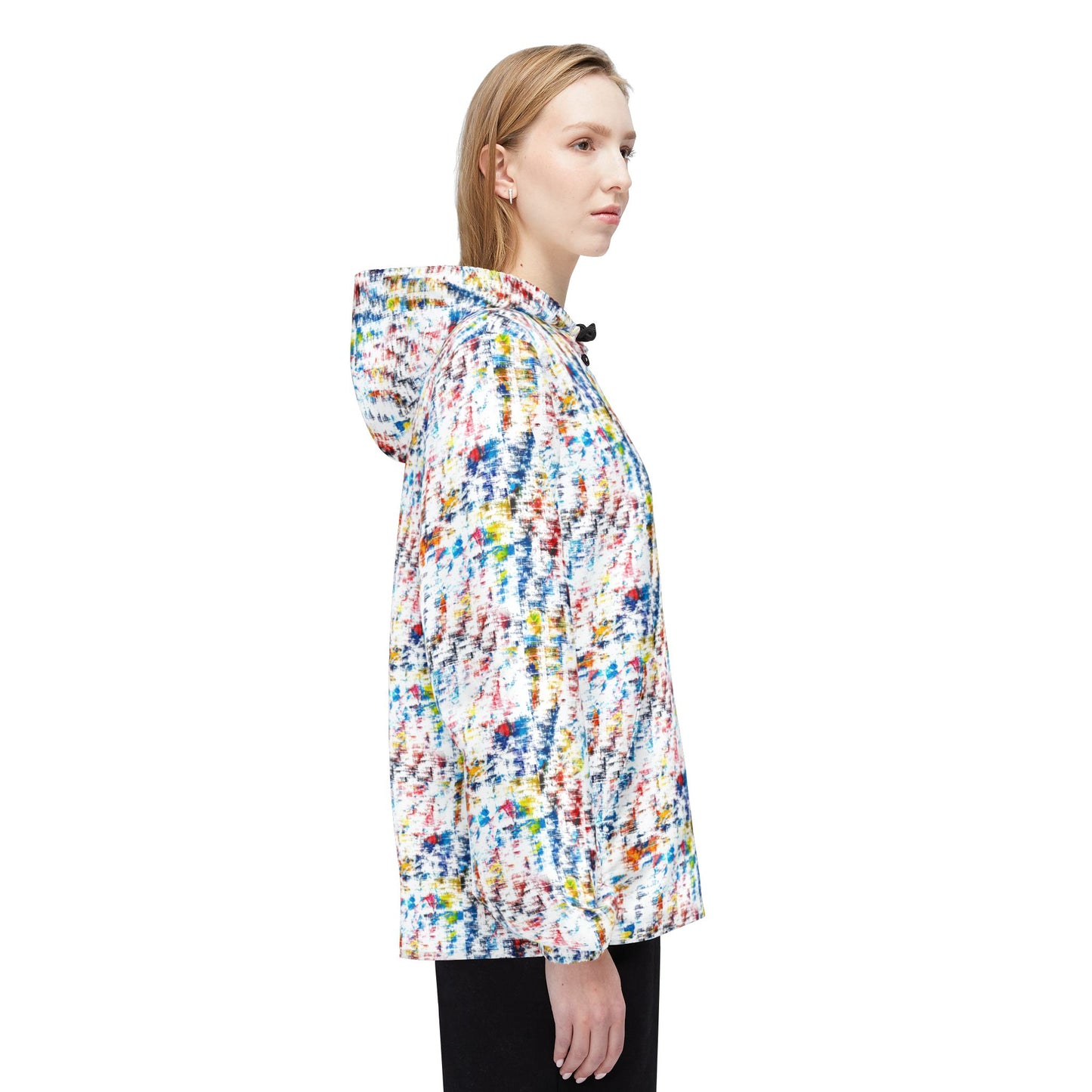 Female model wearing multicolor abstract print unisex windbreaker jacket side view