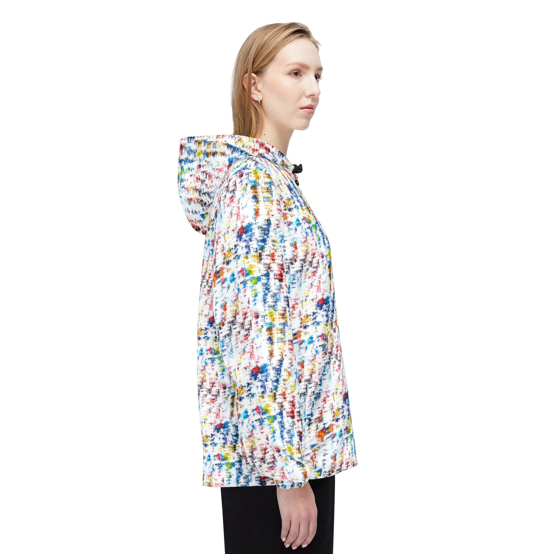 Female model wearing multicolor abstract print unisex windbreaker jacket side view