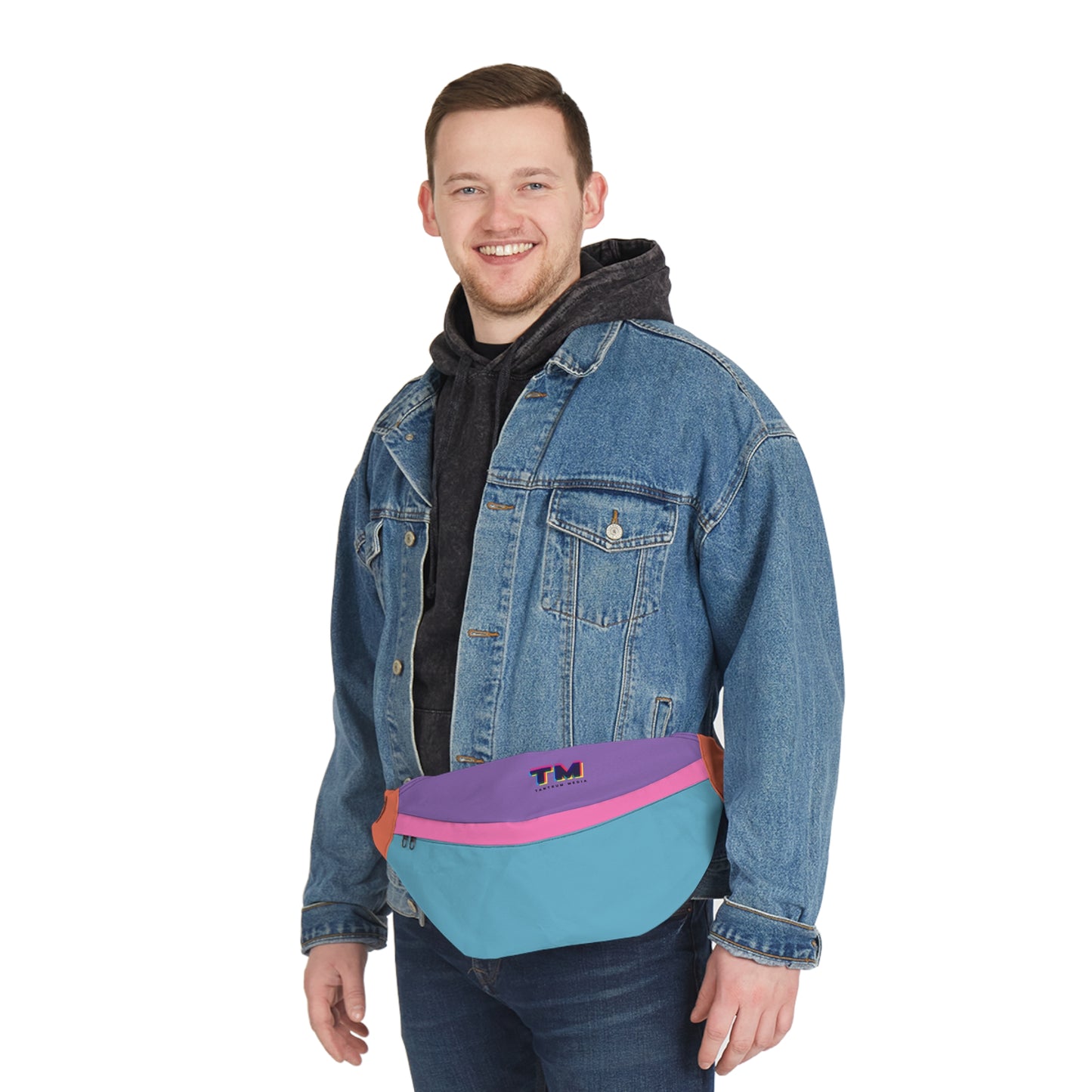 Man wearing a colorful multicolor fanny pack around the waist with an adjustable black strap.