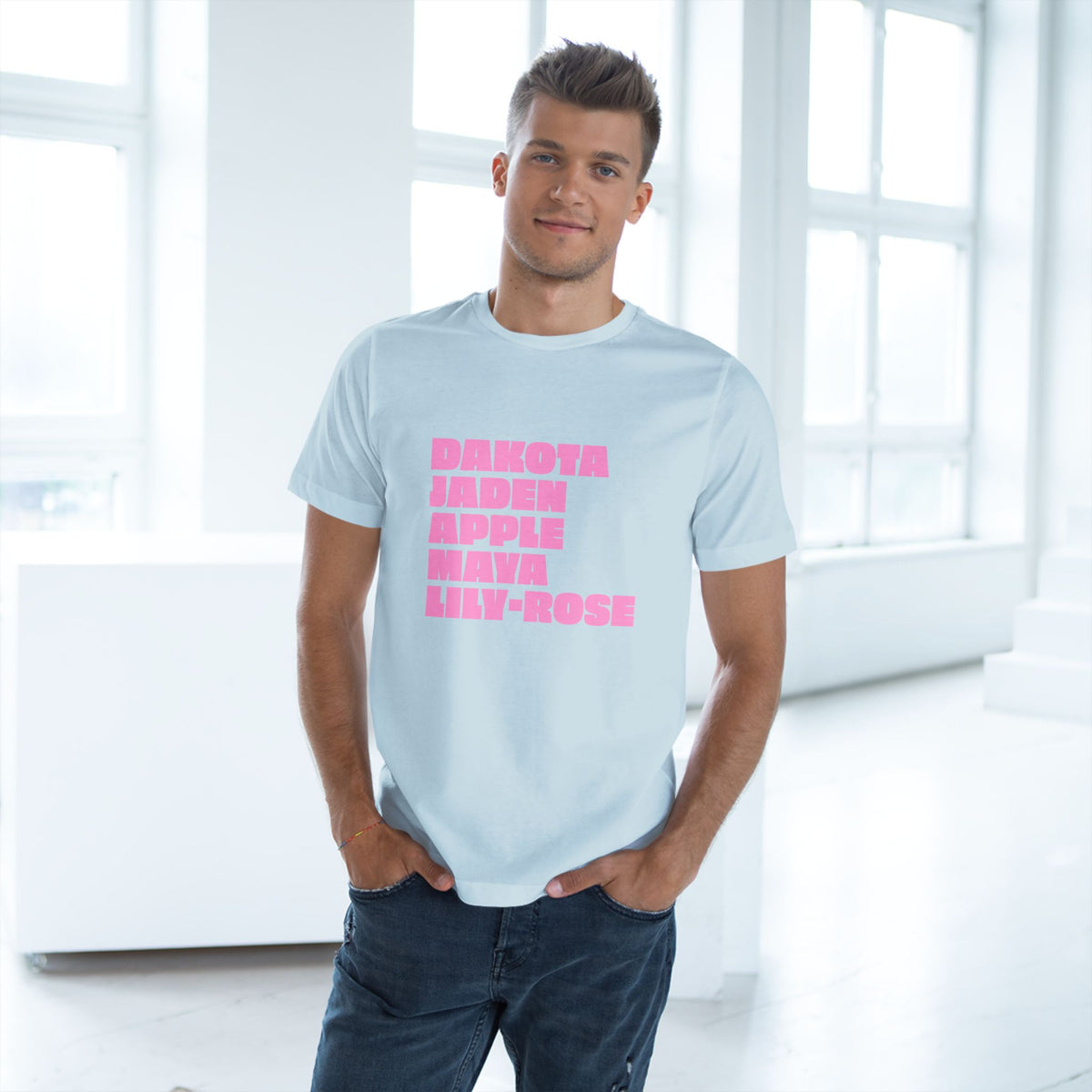 Man wearing light blue Nepo Babies List social commentary T-shirt
