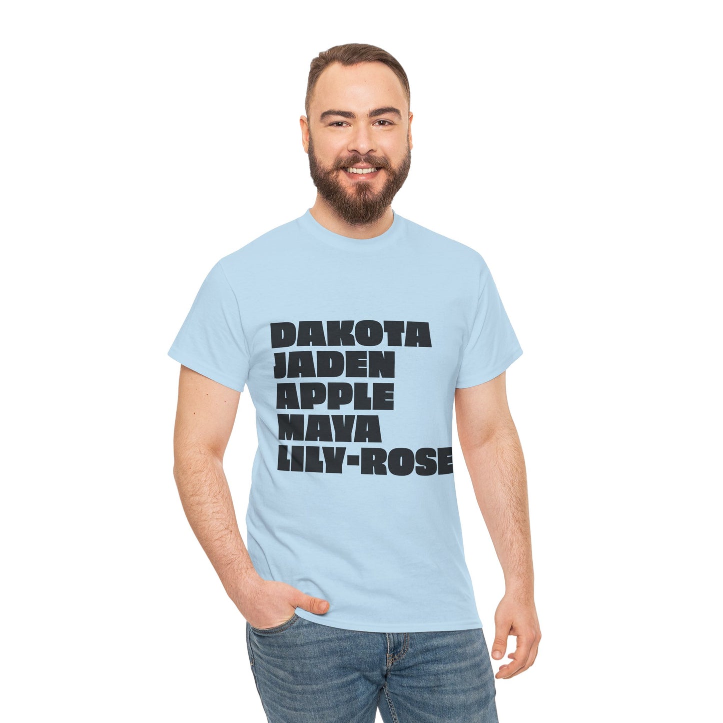 Male model wearing blue Nepo Babies List t-shirt with bold black text, casual unisex streetwear